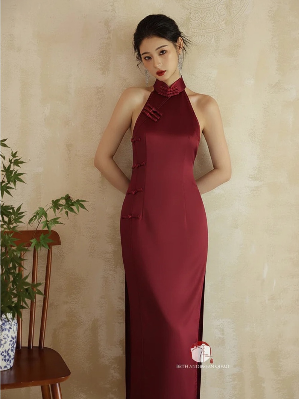 Satin Halter Cheongsam Dress in Wine Red